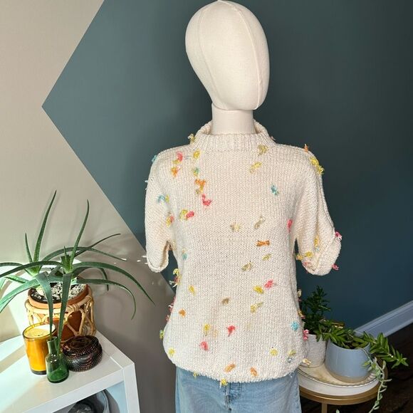 Vintage Sweaters - Vintage 80s Speckled Confetti Textured Knit Sweater Short Sleeve Mock Neck S/M
